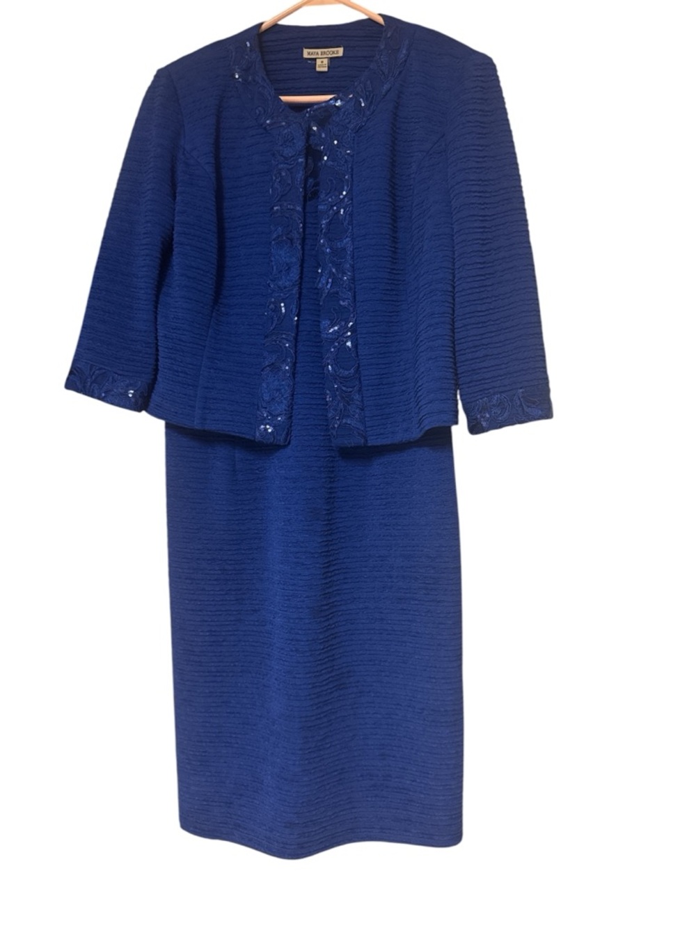 Maya Brooke SZ 8 Blue Textured dress and jacket Suit with Embellished Trim.